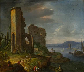 Paysage fluvial avec ruines, bateaux et figures